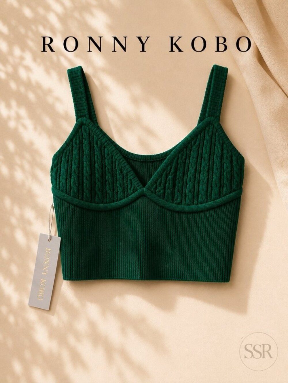 Ronny Kobo Emerald Green Cable Knit Cropped Cami Bustier Tank Top L NWT